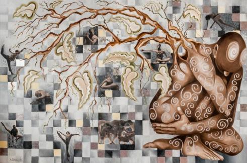 Hélène Larouche,Genèse,collage,aluminium et huile sur toile,72x48,2014